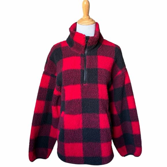 Old Navy Womens Black & Red Buffalo Plaid Fleece Half-Zip Pullover Sweater- Sz L - Picture 4 of 5